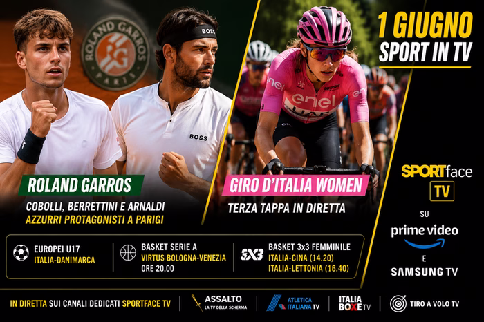 Sport in tv oggi 1 giugno: Roland Garros, Giro d’Italia Women e Sportface su Prime Video e Samsung TV – SPORTFACE.IT