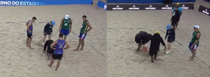 Vôlei de praia em Copacabana: garrafa enterrada interrompe jogo